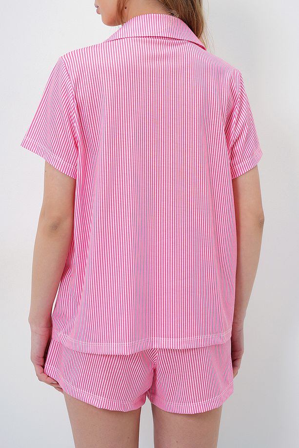 Kadın Pembe Çizgi Desenli Örme Pamuklu Gömlek Ve Şort Pijama Takımı Pjmx13884 - 5