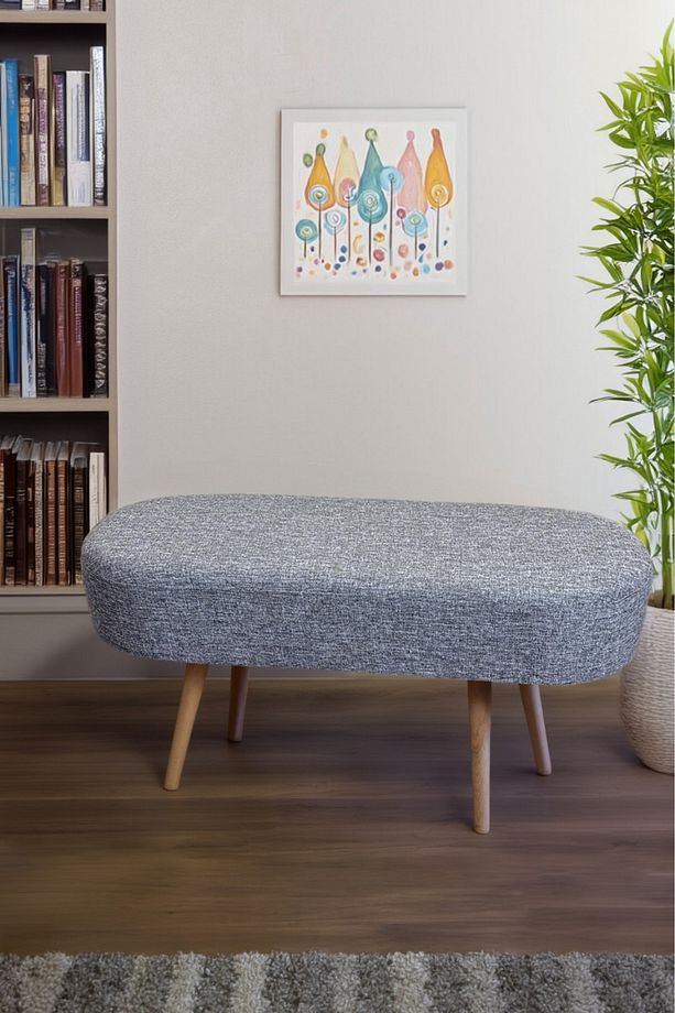 Retro Ahşap Ayaklı Geniş Oturum Alanlı Oval Bench Puf Gri Spor Kumaş - 1