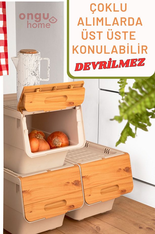 Tekerlekli Eşya Ve Erzak Kutusu Organizer Kutu 3 Katlı Bambu Sebzelik(3X12LT) - 3