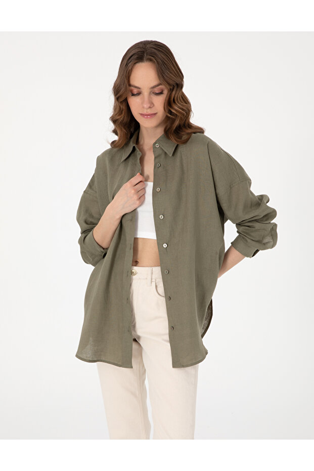 Khaki Oversize Long Sleeve 100% Linen Shirt 50301078-Vr027