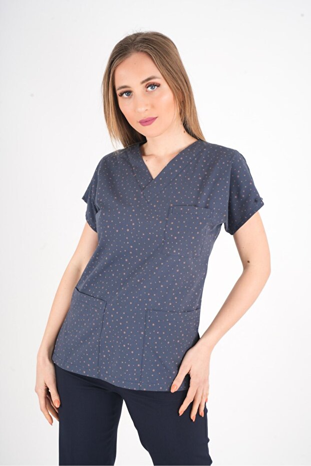 Unisex Bronze Star Patterned Doctor Nurse Hospital Cook Scrubs Single Top Uniform