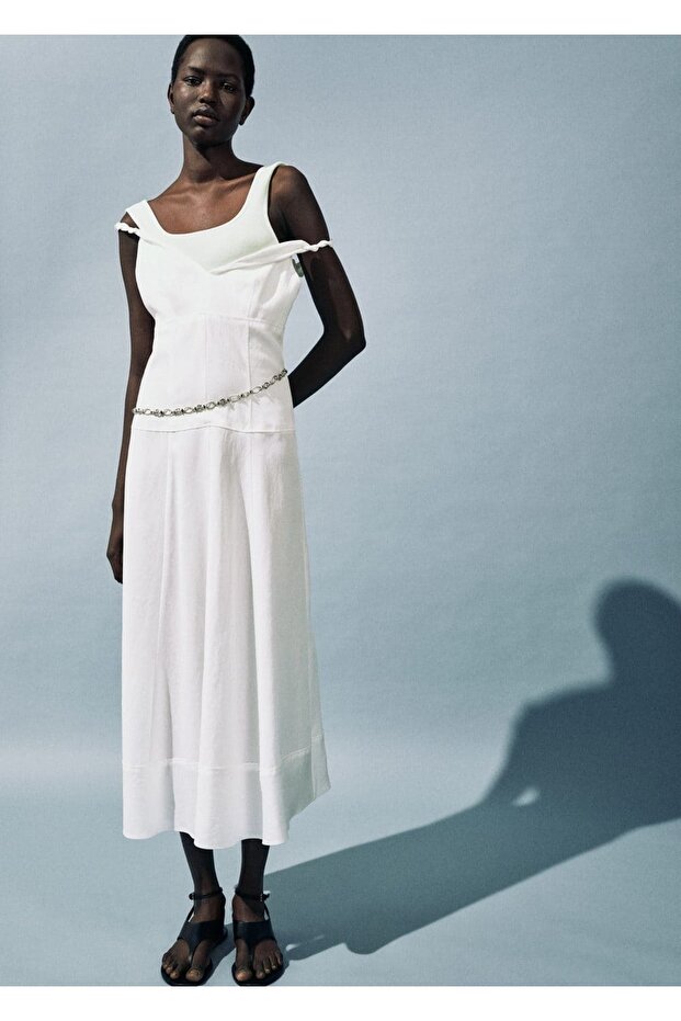 V yakalı uzun elbise - 8