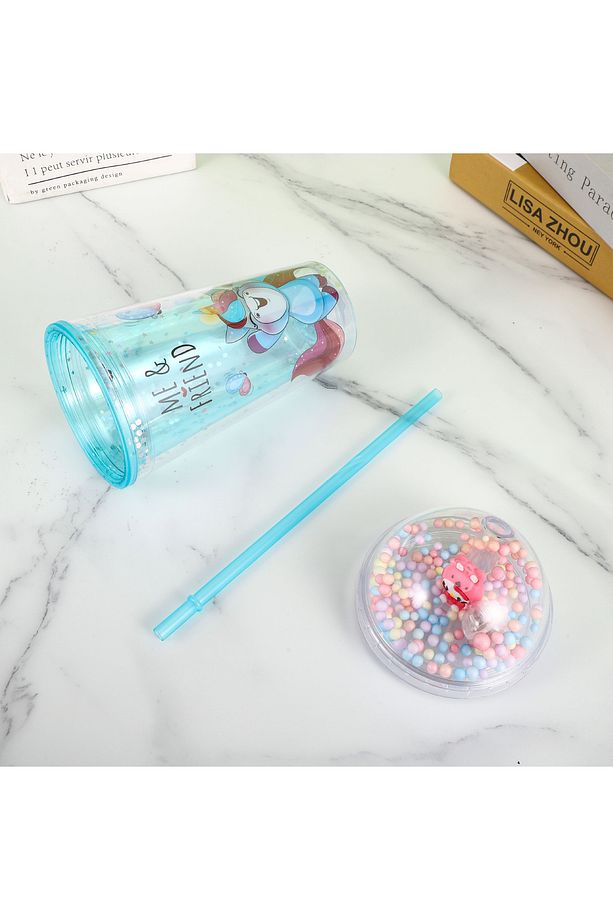 Sevimli Işıklı ve Pipetli Bardak, 450 ml, Pullu ve Kapaklı, Pembe, 20x8 - 4