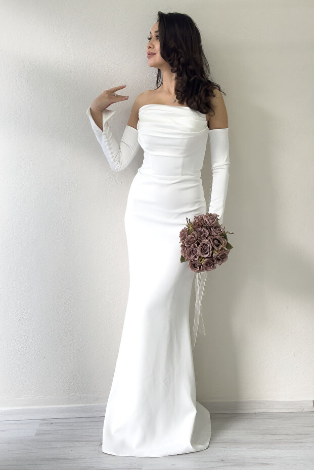 Women's White Strapless Fish Satin Alya Dress with Sleeve Accessories