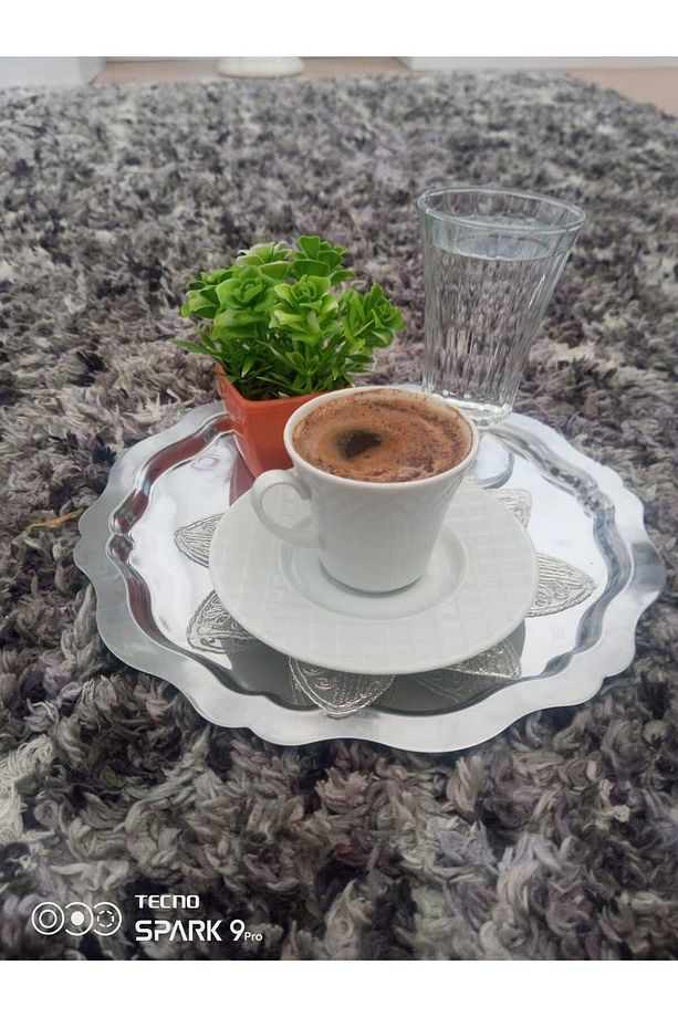 6 Adet Yuvarlak Model Parlak Paslanmaz Dekoratif Çay Kahve Sunum Tepsisi - 6