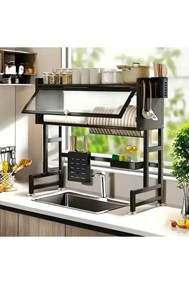 Metal Dish Drying Rack Holder Unit with Storage Cabinet - 1