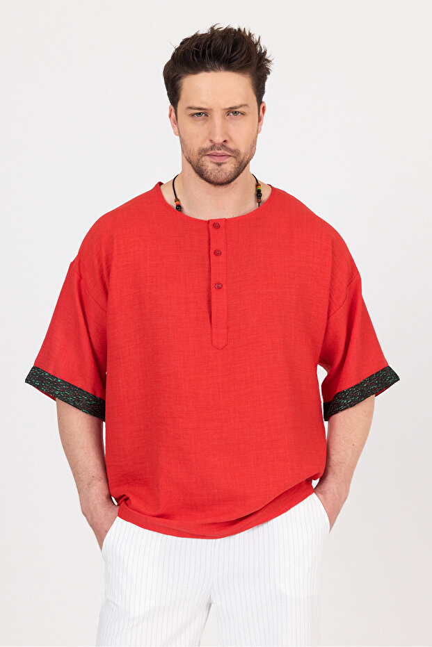 Wide Collar Half Button Ethnic Patterned Shirt - 1
