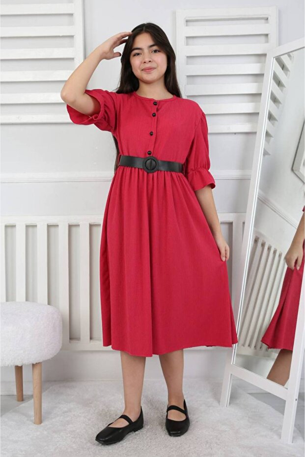 Girl's Wrinkled Fabric Buttoned Summer Long Dress