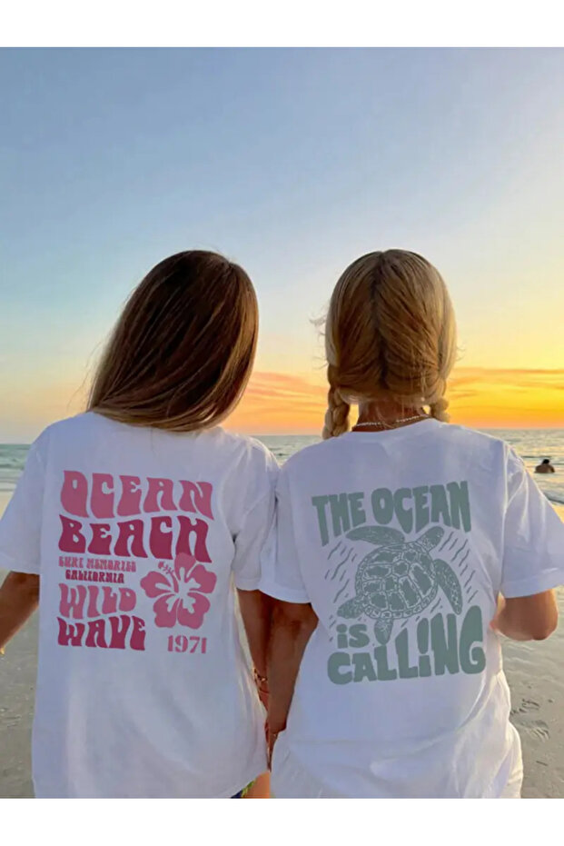 Girl's 2 Pack Ocean Beach Printed White Combed Cotton T-Shirt
