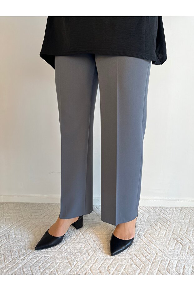 Gray Elastic Waist Wide Leg Trousers