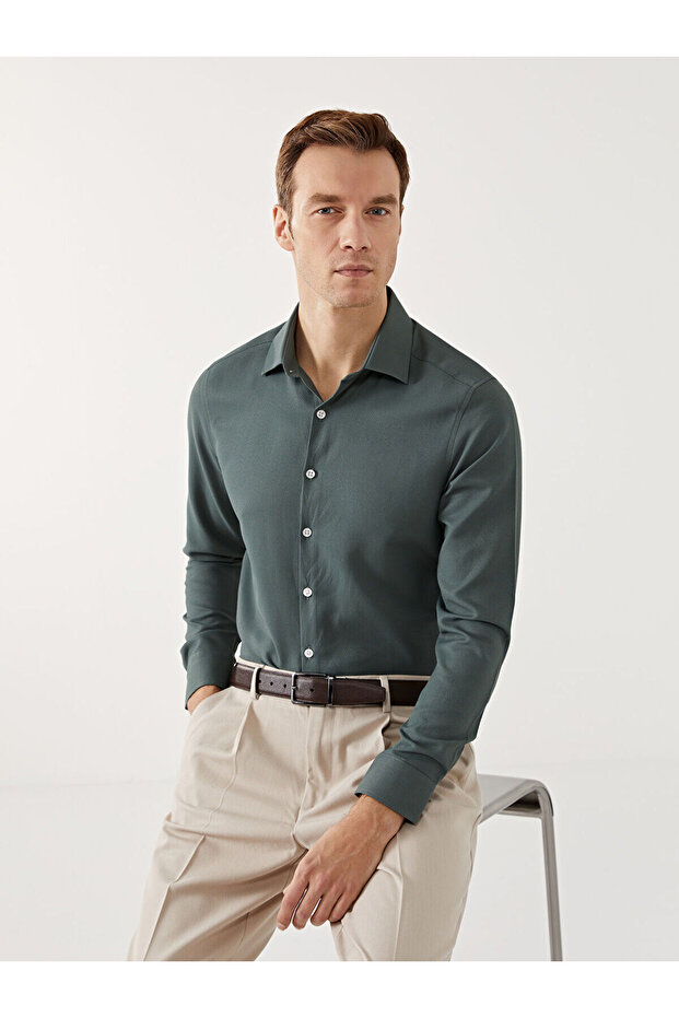 Slim Fit Long Sleeve Dobby Men's Shirt