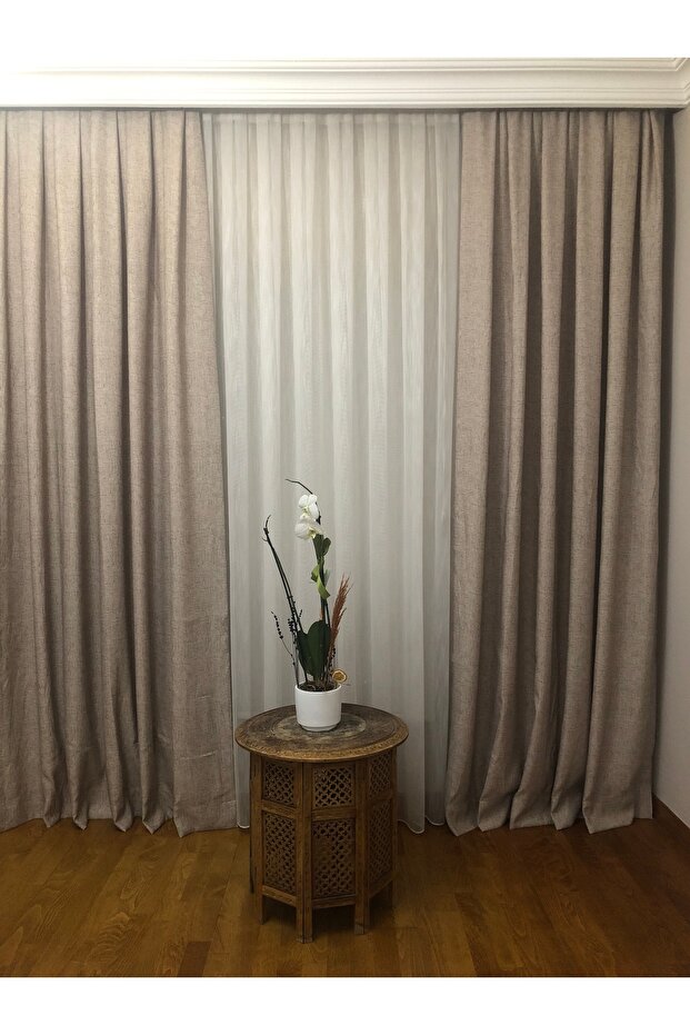 KOYU KREM KIRÇILLI KETEN FON PERDE - 1