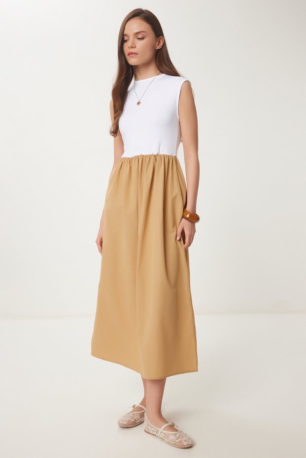 Women's Biscuit White Knitted Top Summer Poplin A-Line Dress Ub00289