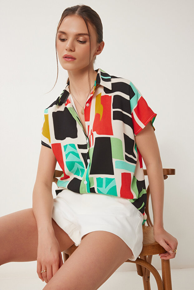 Women's Black Green Patterned Short Sleeve Viscose Shirt En00640