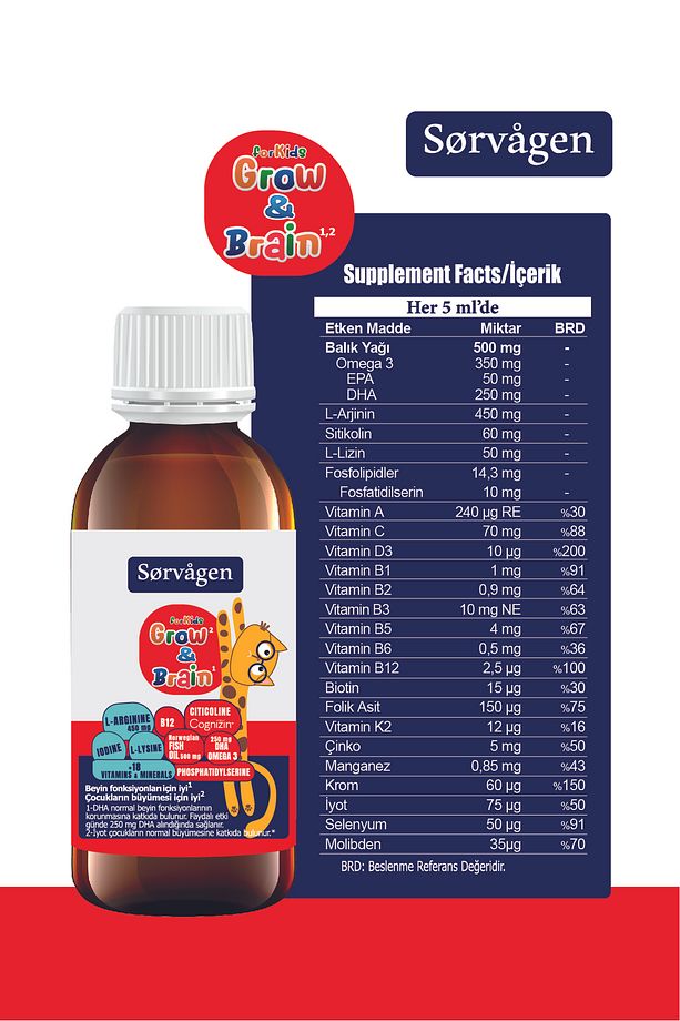 Grow&Brain L-arjinin, Sitikolin, Fosfatidilserin, DHA Omega 3, B12, L- lizin, Multi Vitamin - 5