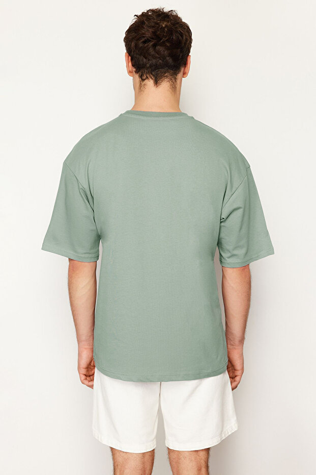 Koyu Mint Oversize %100 Pamuklu Bisiklet Yaka Minimal Yazı Baskılı Tok Kumaş T-shirt TMNSS23TS00084 - 5