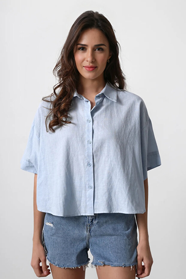 Mavi Kısa Kollu Düşük Kol Oversize Gömlek TWOSS25GO00055 - 2