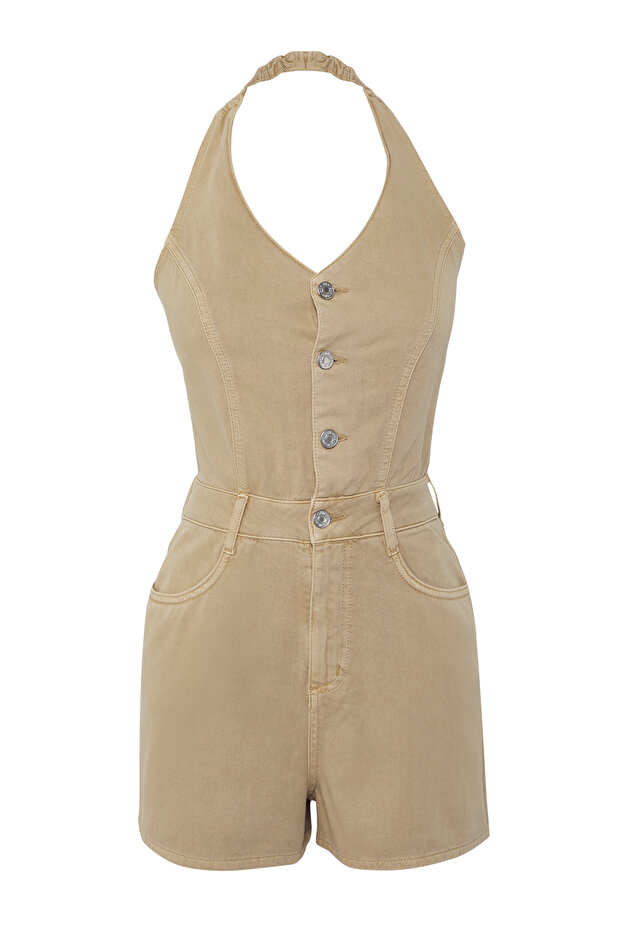 Bej Sırt Detaylı Mini Denim Tulum TWOSS25TU00064 - 5