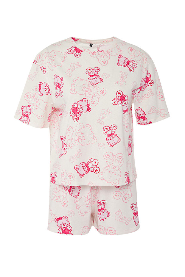 Pembe %100 Pamuklu Ayıcıklı Şortlu Örme Pijama Takımı THMSS25PT00367 - 6
