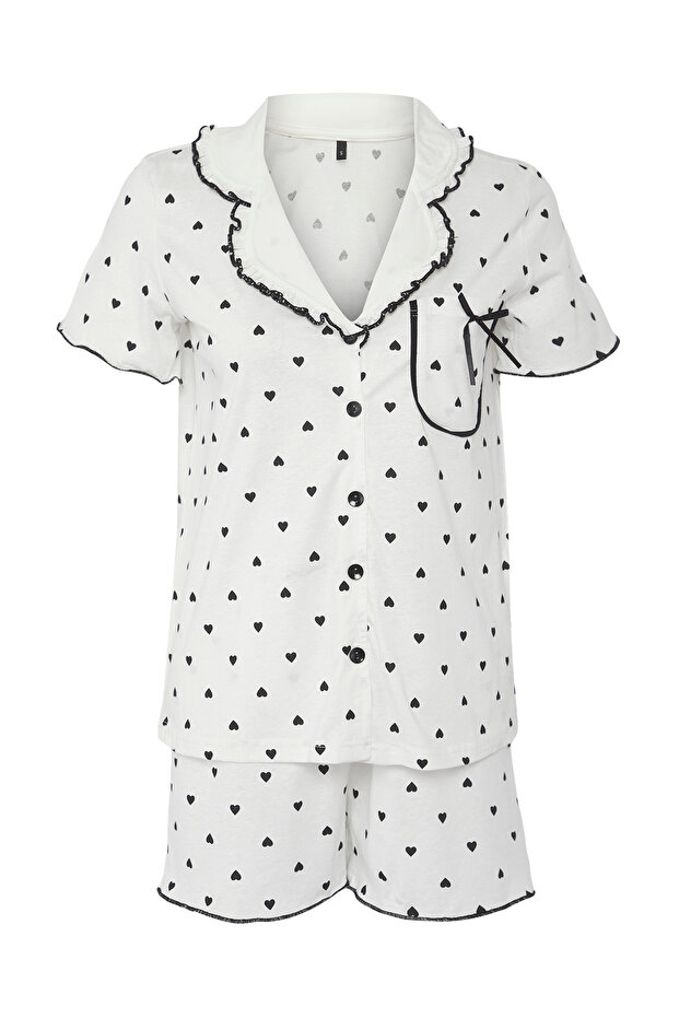 Beyaz %100 Pamuklu Kalpli Fırfırlı ve Kurdele/Fiyonklu Şortlu Örme Pijama Takımı THMSS25PT00264 - 5