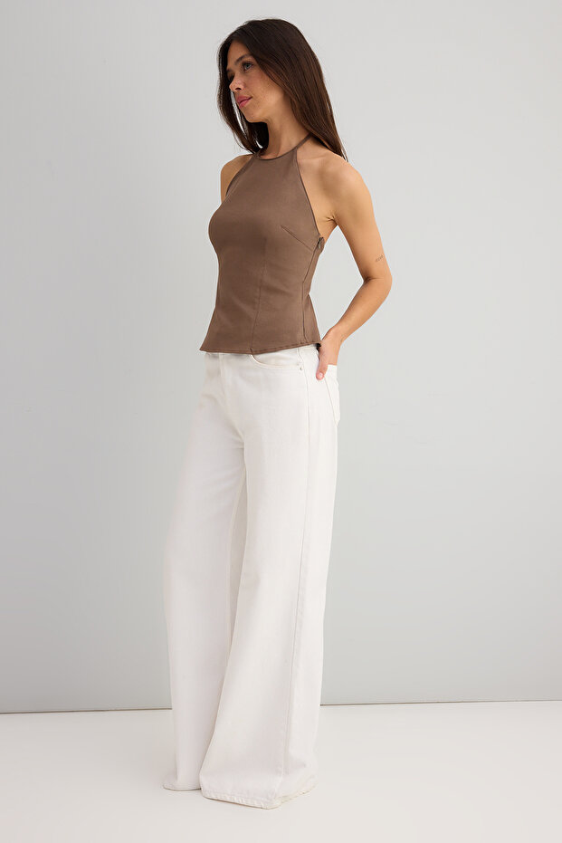 Açık Kahverengi Pamuklu İnce Gabardin Halter Yaka Dokuma Bluz TWOSS25BZ00536 - 3