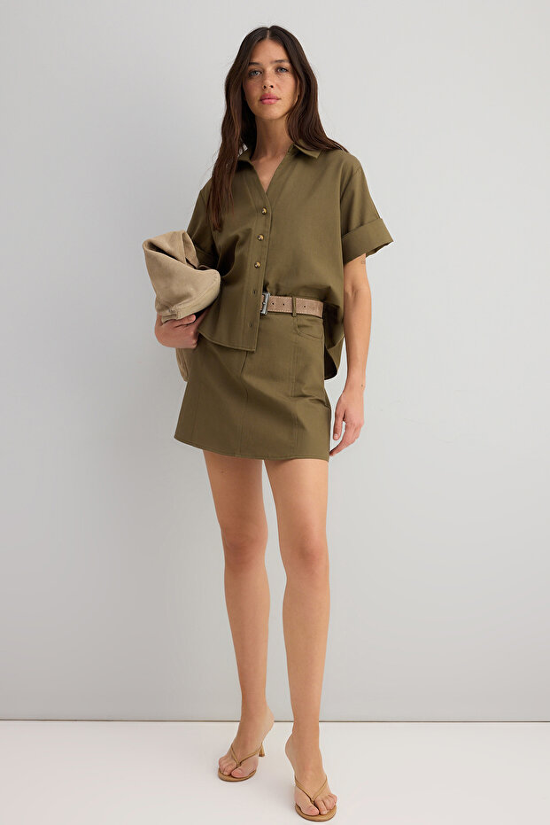 Haki Pamuklu Gabardin Mini Godeli Kloş Etek TWOSS25ET00192 - 2