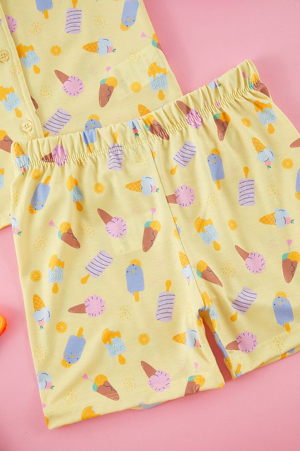 Sarı Kız Çocuk Hayvan Baskılı Gömlek Yaka Alt Üst Pijama Takımı TKDSS25PT00001 - 2