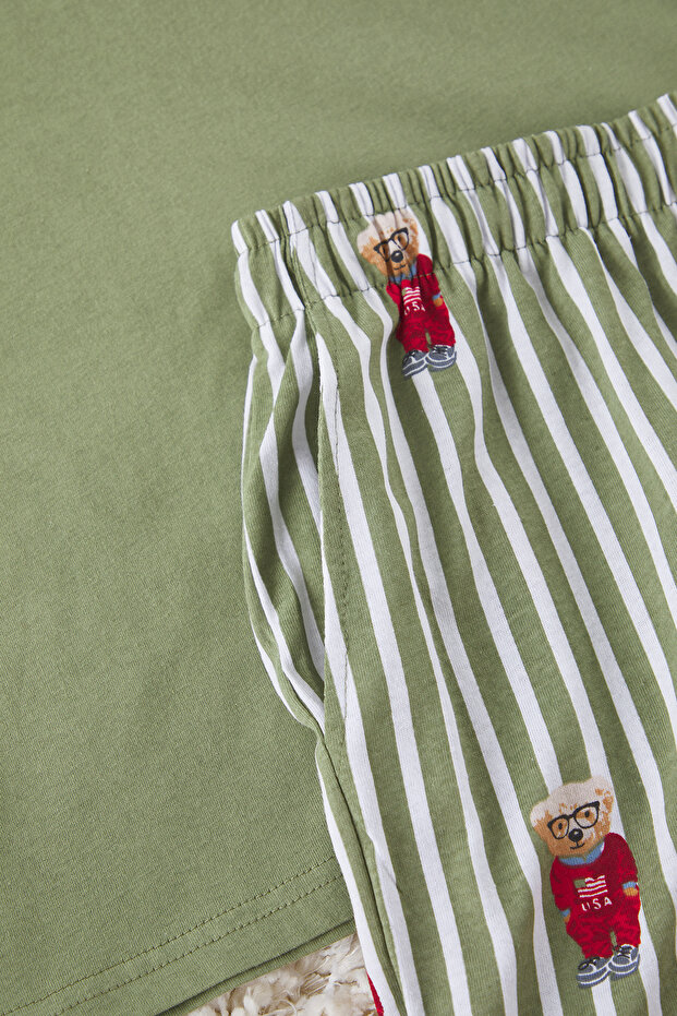 Haki Regular Fit Baskılı Örme Şortlu Pijama Takımı TMNSS24PT00034 - 4