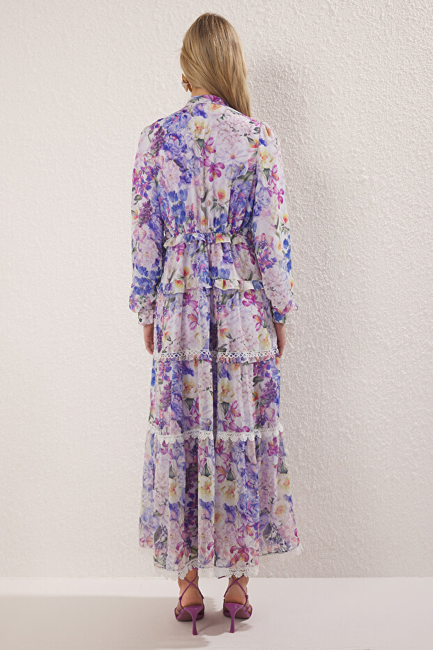 Fioletowa sukienka z podszewką z szyfonu tkanego w kwiaty TCTSS25EB00050 - 4