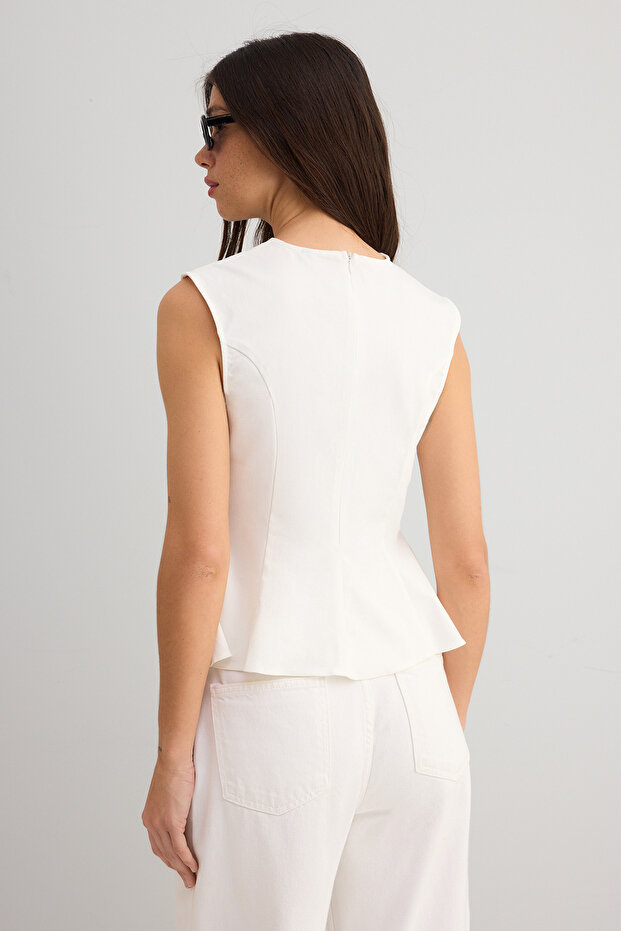 Ekru Pamuklu Gabardin Peplum Cep Detaylı Dokuma Bluz TWOSS25BZ00538 - 6