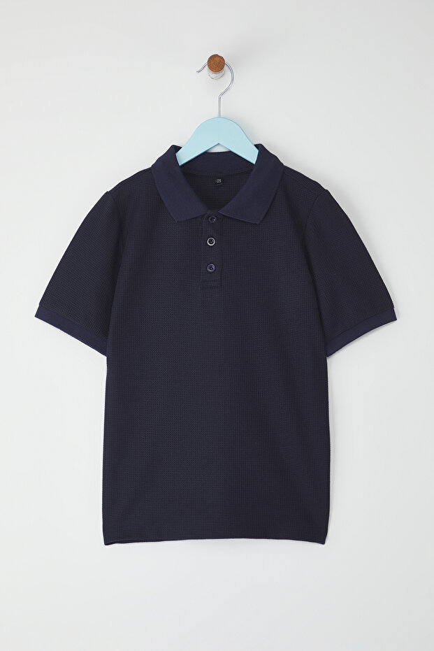 Lacivert Erkek Çocuk Basic Polo Yaka Kısa Kol Dokulu Örme T-Shirt TKDSS25TS00076 - 2