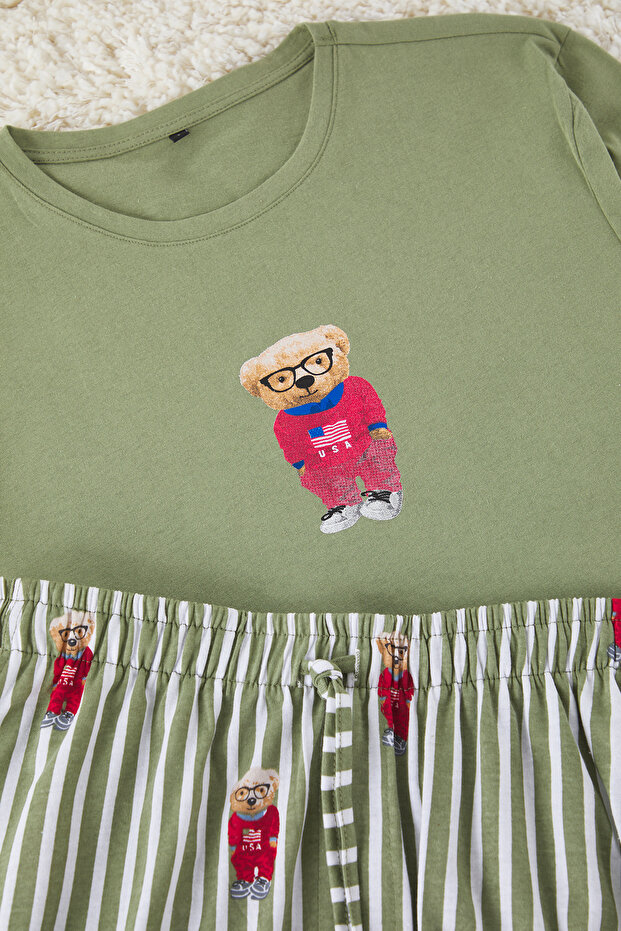 Haki Regular Fit Baskılı Örme Şortlu Pijama Takımı TMNSS24PT00034 - 3