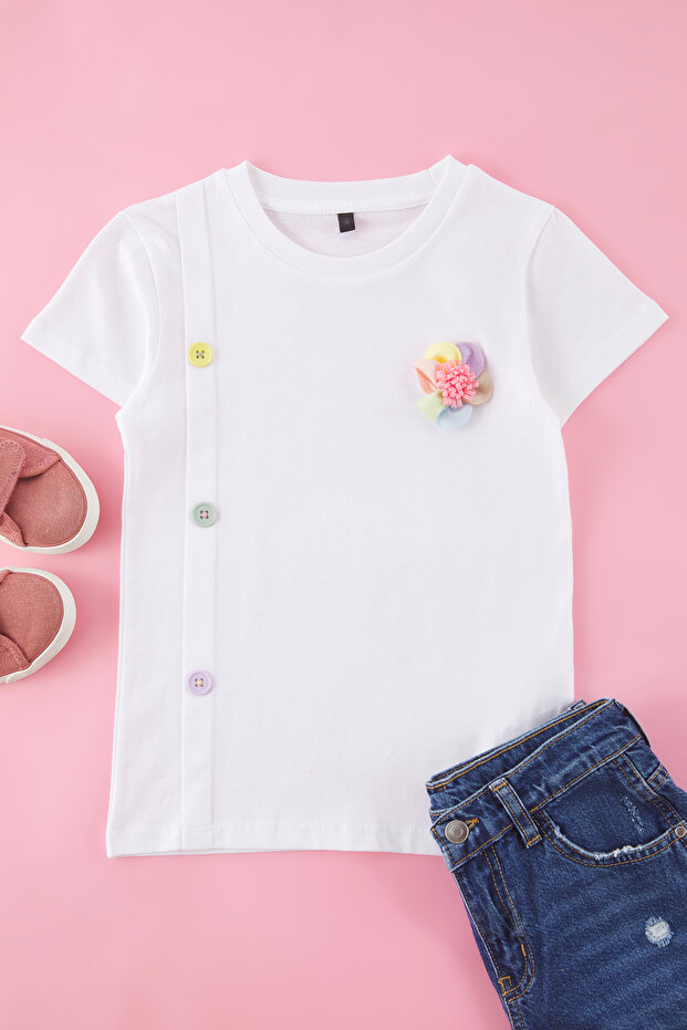 Ekru Kız Çocuk %100 Pamuk Çiçekli Düğme Detaylı Kısa Kol Örme T-Shirt TKDSS25TS00110 - 1
