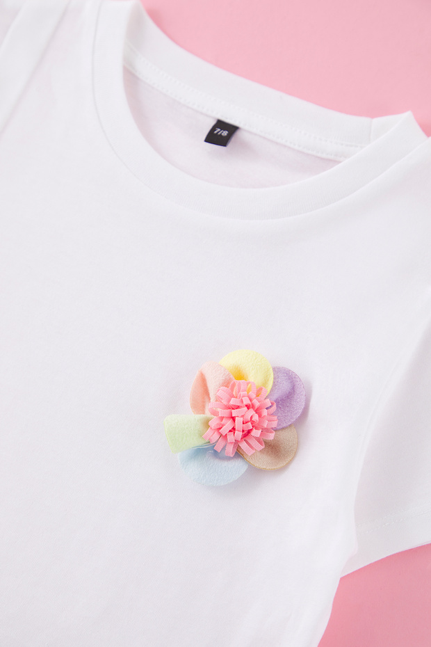 Ekru Kız Çocuk %100 Pamuk Çiçekli Düğme Detaylı Kısa Kol Örme T-Shirt TKDSS25TS00110 - 3