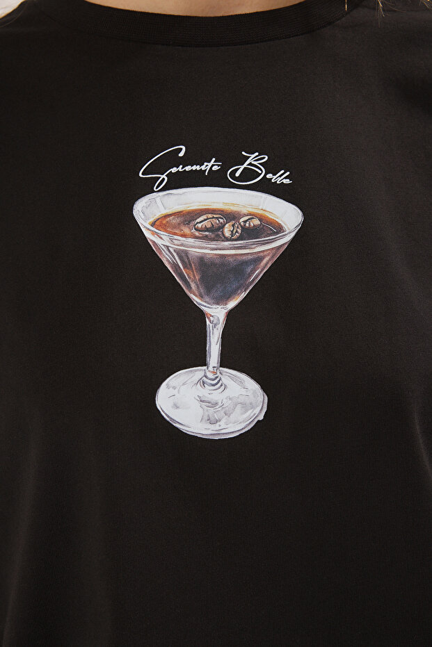 Siyah %100 Pamuk Oversize/Geniş Kalıp Coctail Baskılı Örme T-Shirt TWOSS25TS00202 - 3