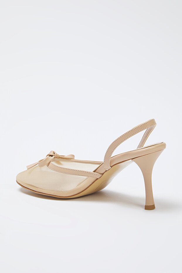 Nude Fiyonk Detaylı File Kadın 8 cm Mule İnce Topuklu Ayakkabı TAKSS25TO00093 - 6