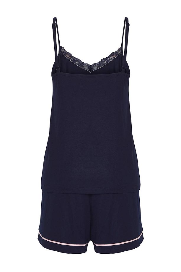 Lacivert Dantel ve Kurdele/Fiyonk Detaylı Şortlu Örme Pijama Takımı THMSS25PT00059 - 7