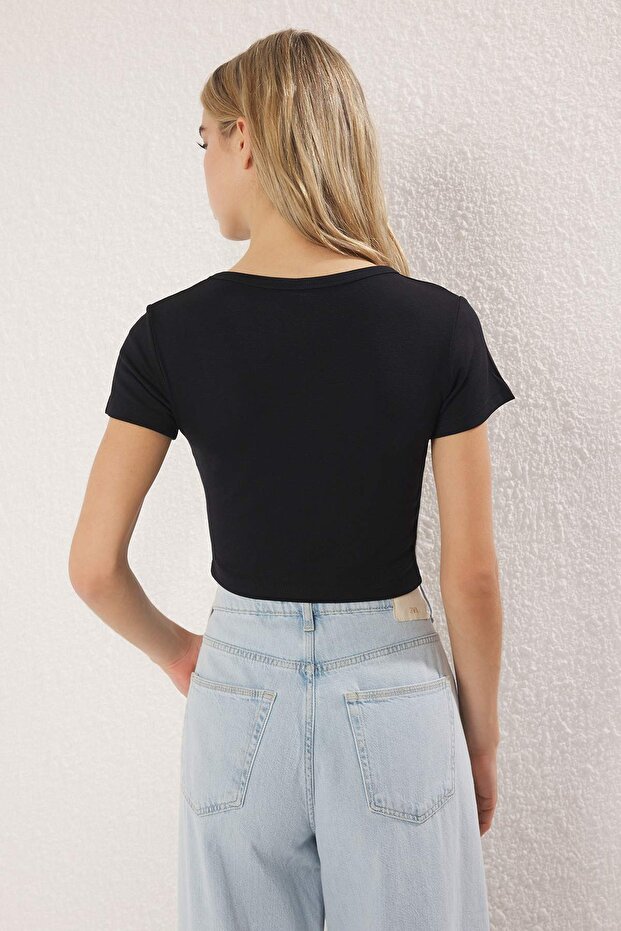 Açık Sarı-Siyah 2'li Paket Crop Yumuşak Kumaş Esnek Örme Bluz TWOSS23BZ00108 - 4