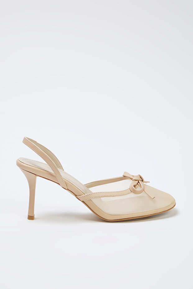 Nude Fiyonk Detaylı File Kadın 8 cm Mule İnce Topuklu Ayakkabı TAKSS25TO00093 - 5