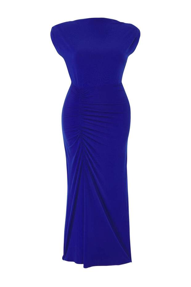 Saks Büzgü Detaylı Yırtmaçlı Vücuda Oturan Örme Büyük Beden Elbise TBBSS25AH00119 - 6