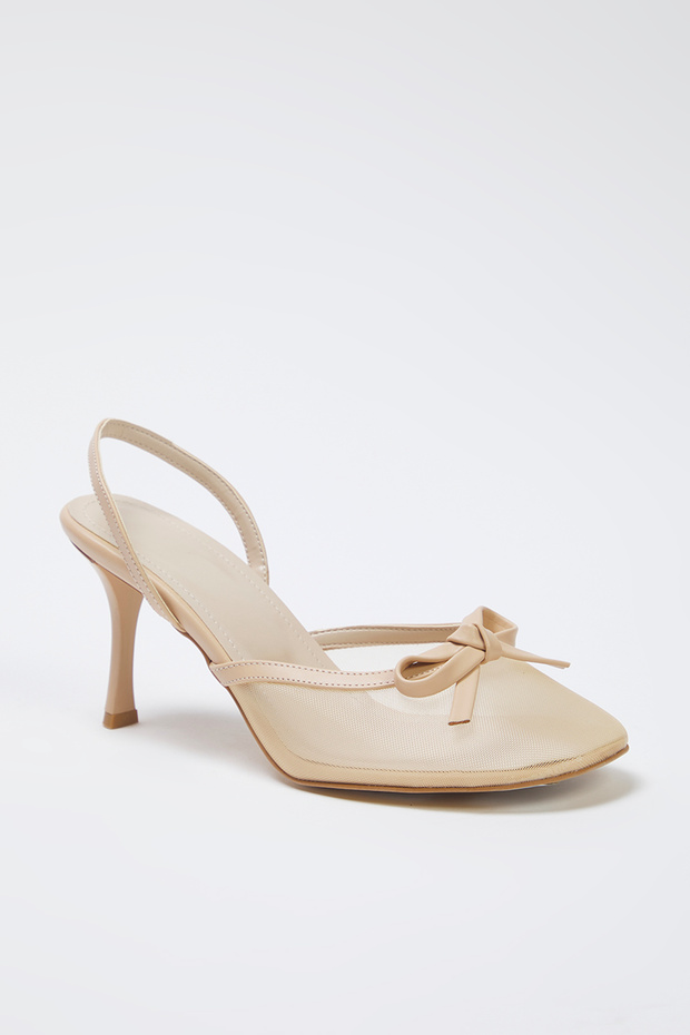 Nude Fiyonk Detaylı File Kadın 8 cm Mule İnce Topuklu Ayakkabı TAKSS25TO00093 - 4