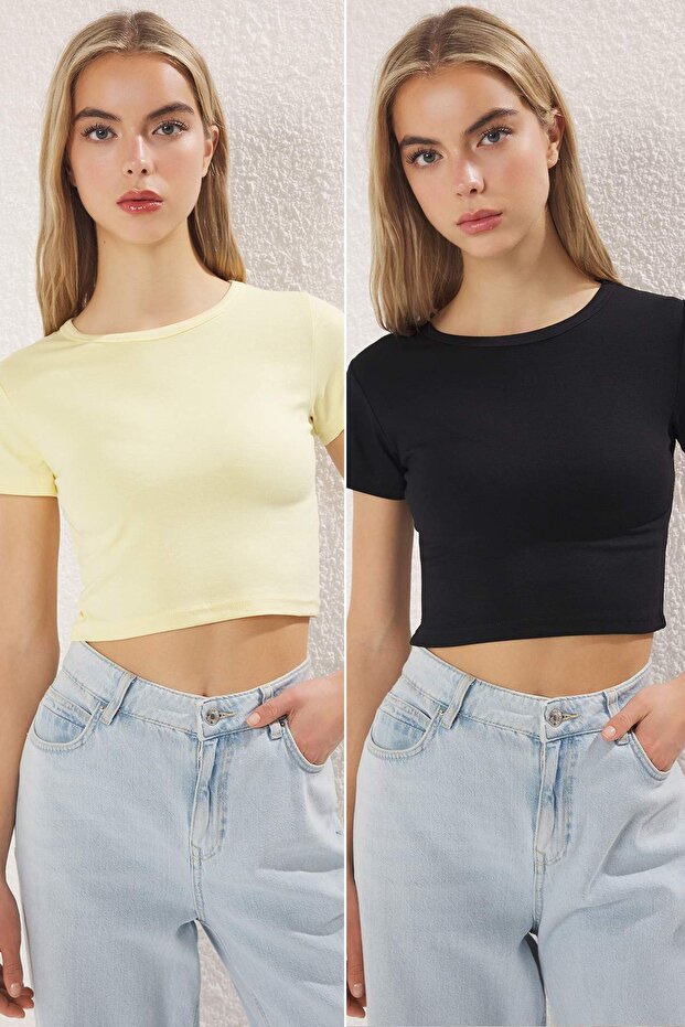 Açık Sarı-Siyah 2'li Paket Crop Yumuşak Kumaş Esnek Örme Bluz TWOSS23BZ00108 - 1