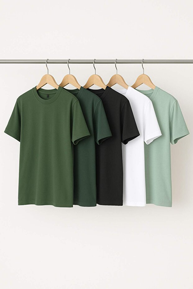 Beyaz-Haki-Koyu Yeşil-K. Mint-Siyah 5'li Paket Regular Fit Basic %100 Pamuklu T-Shirt TMNSS24TS00082 - 2
