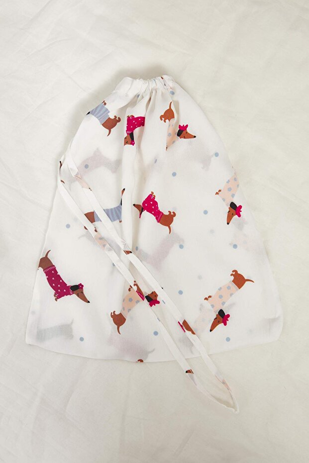 Beyaz-Çok Renkli Köpekli Biyeli Çanta Hediyeli Viskon Şortlu Dokuma Pijama Takımı THMSS25PT00308 - 7