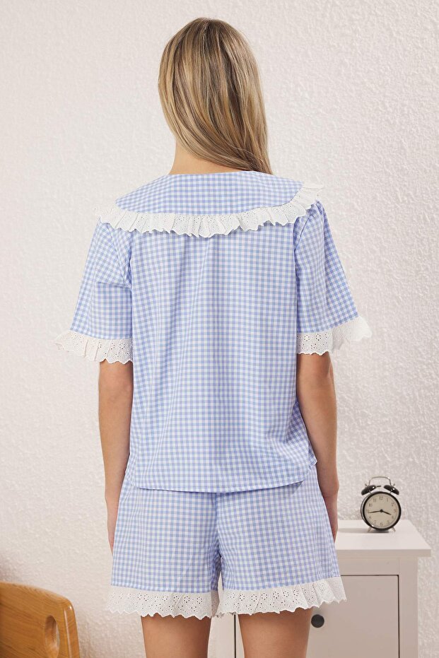 Mavi Pamuklu Pötikareli Dantel Detaylı Poplin Şortlu Dokuma Pijama Takımı THMSS25PT00428 - 4