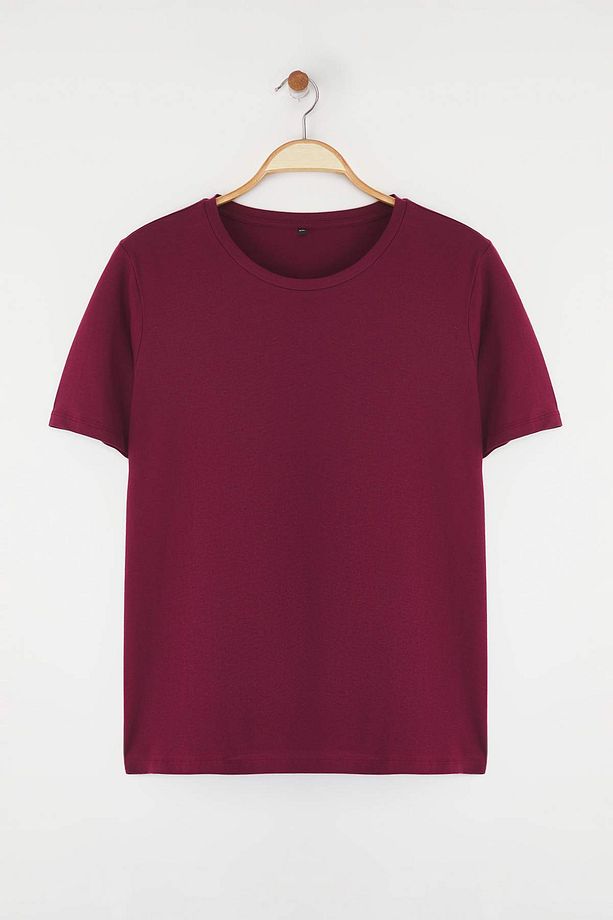 Bordo Regular Fit Basic Bisiklet Yaka %100 Pamuk Örme Büyük Beden T-Shirt TBBSS22TS0733 - 5