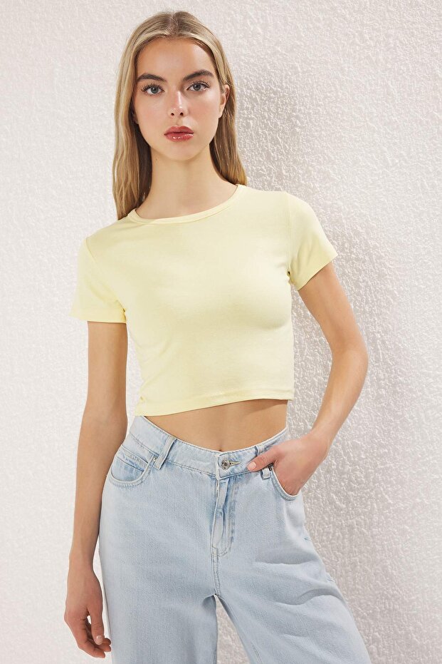 Açık Sarı-Siyah 2'li Paket Crop Yumuşak Kumaş Esnek Örme Bluz TWOSS23BZ00108 - 5