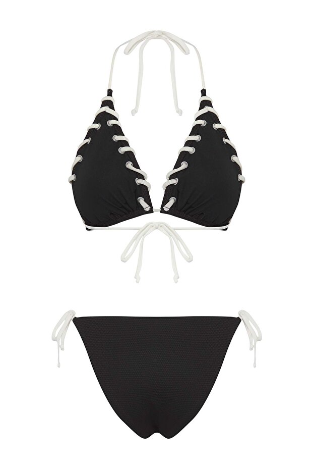 Siyah Kuşgözü Detaylı Üçgen Kaplı Regular Normal Bel Bikini Takımı TBESS25BT00045 - 6
