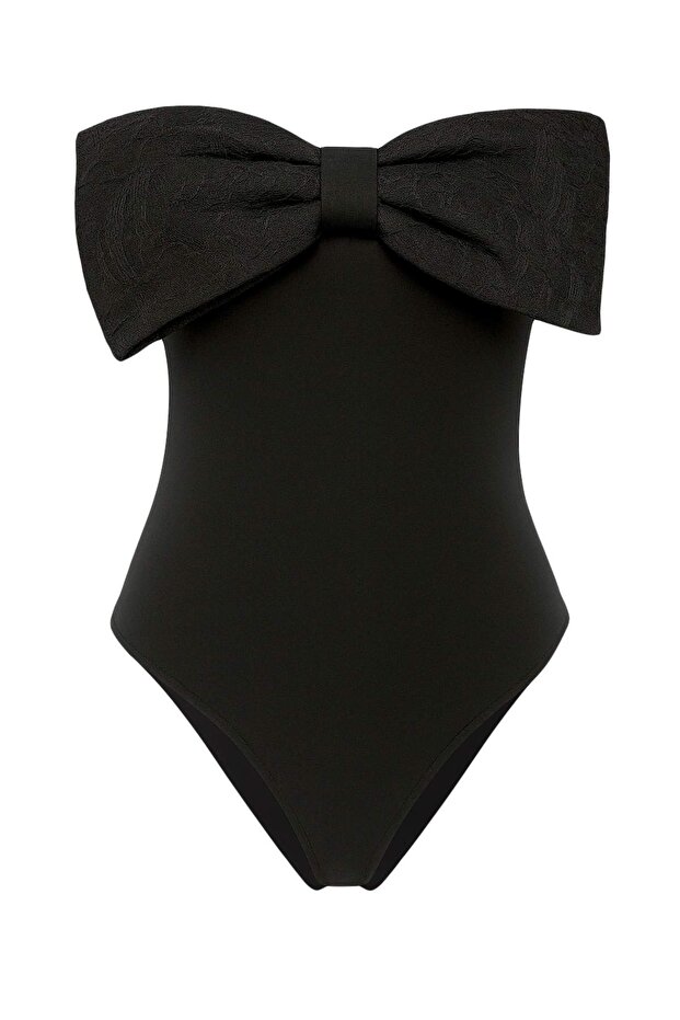 Siyah Straplez Fiyonklu Çıtçıtlı Örme Şık Body TPRSS25BD00013 - 1