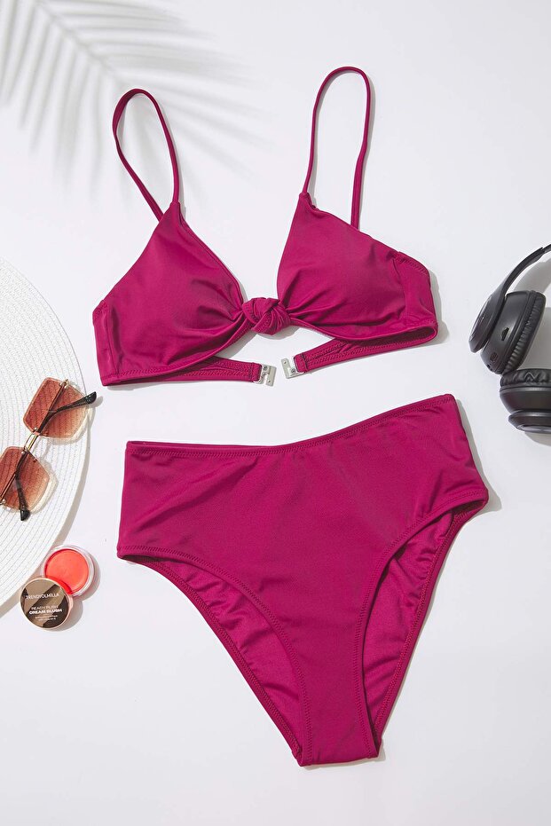 Mürdüm Düğümlü Üçgen Kaplı Regular Yüksek Bel Bikini Takımı TBESS25BT00104 - 1